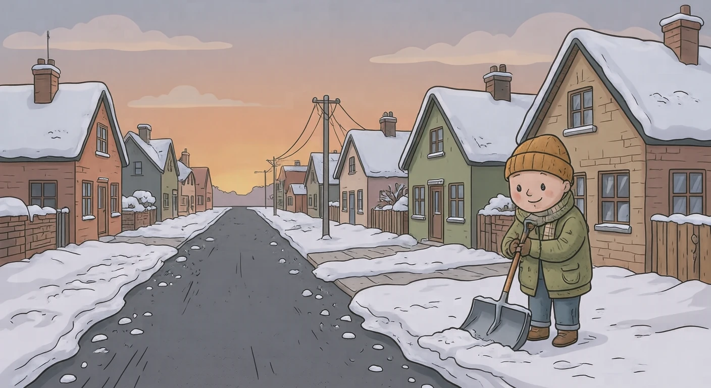 雪かきを終えた住宅街の道と両脇の雪の山のイラスト（ゆるいイラスト）