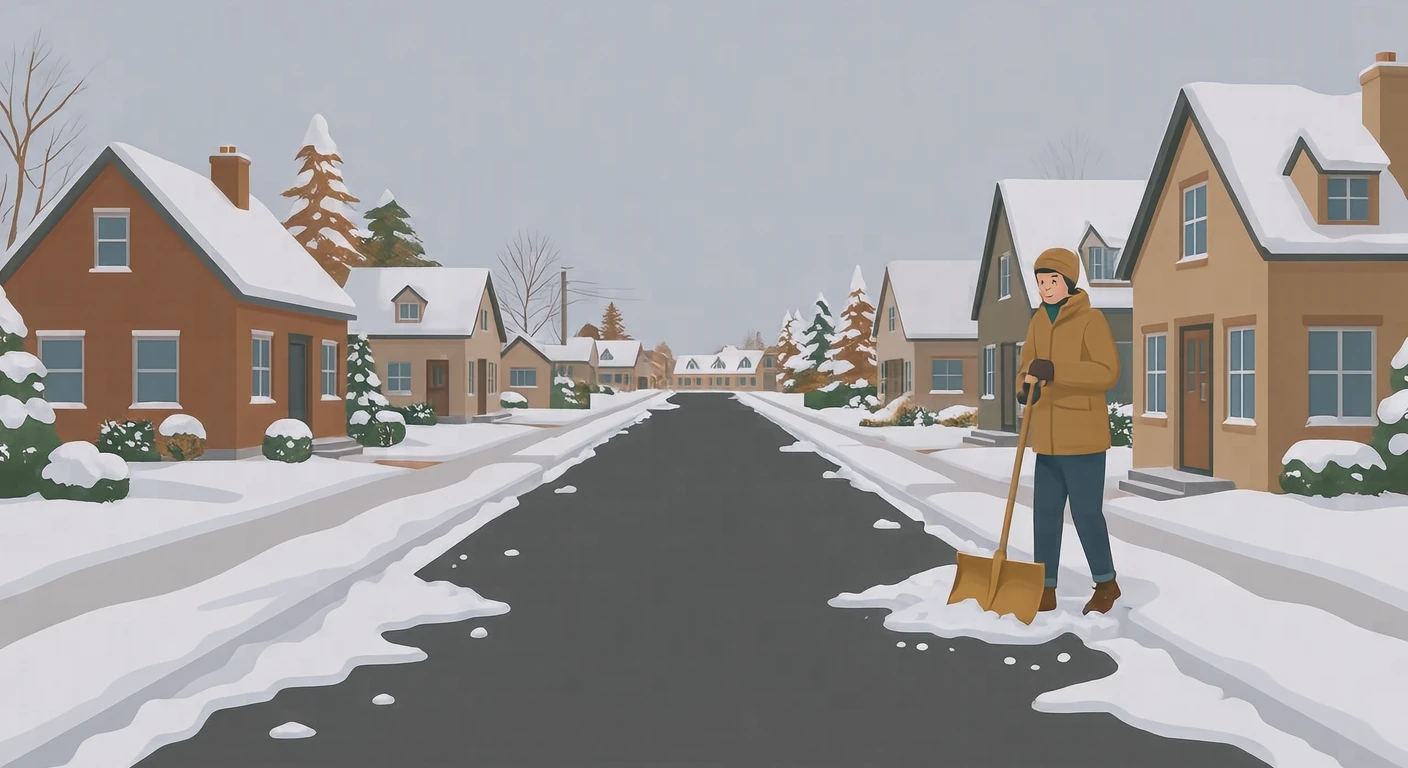 雪かきを終えた住宅街の道と両脇の雪の山のイラスト（フラットイラスト）