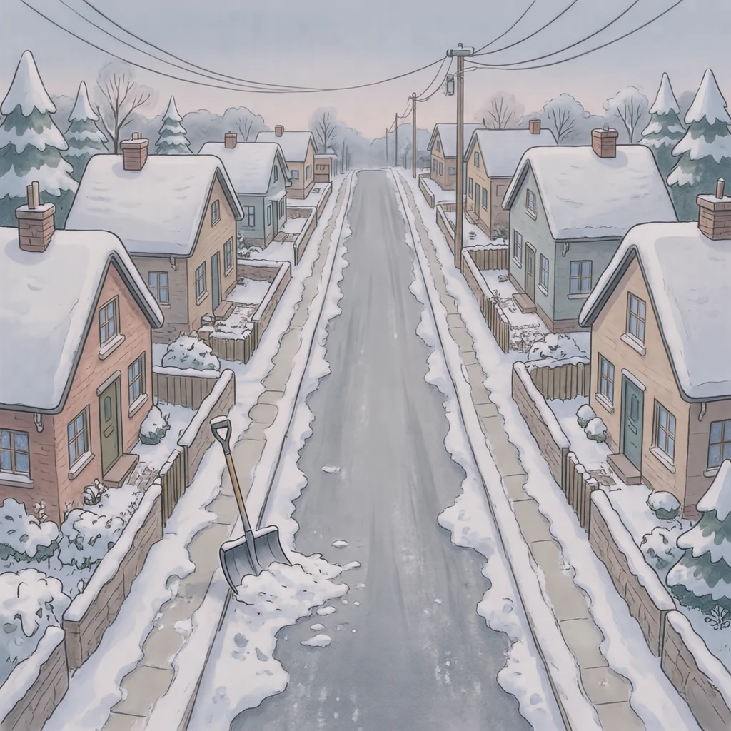 雪かきを終えた住宅街の道と両脇の雪の山のイラスト(ソフトパステル)