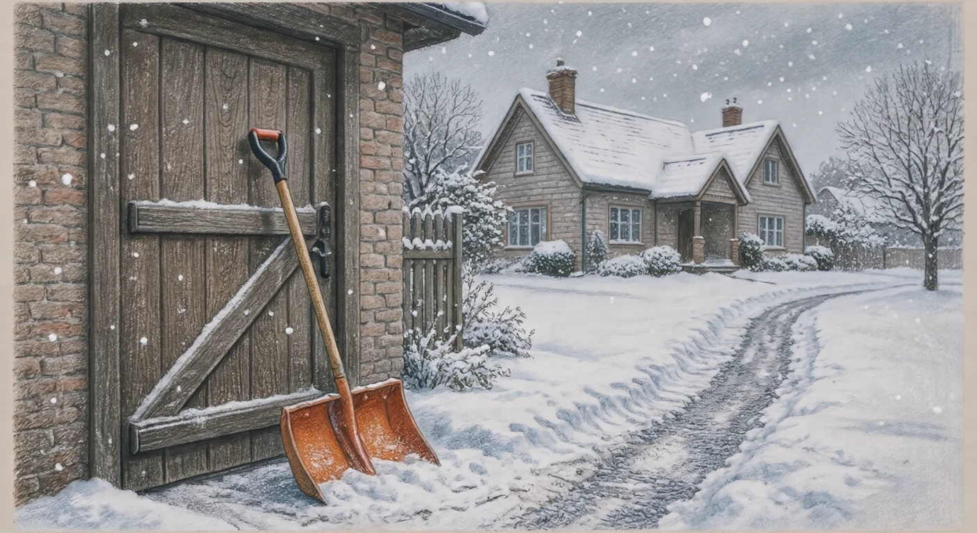 雪の積もった家の門に立てかけたスコップのイラスト（色鉛筆）