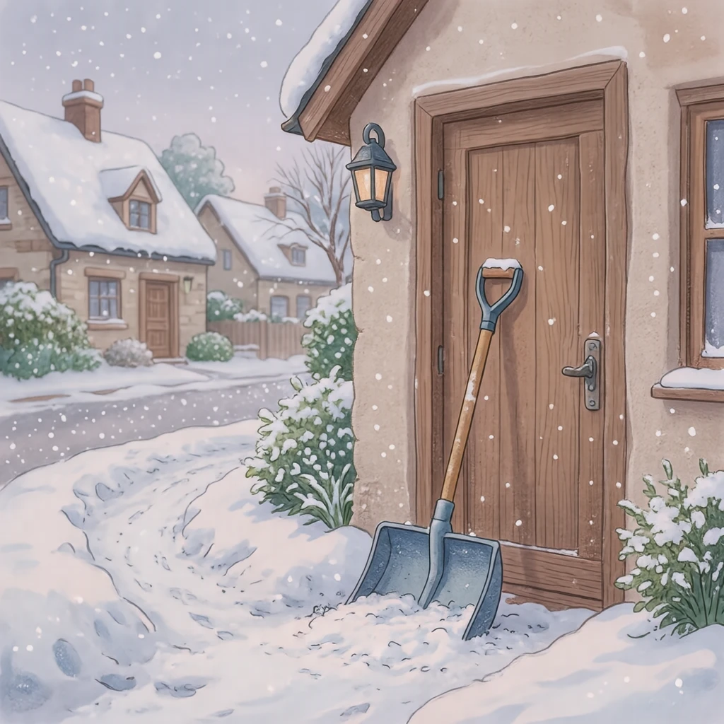 雪の積もった家の門に立てかけたスコップのイラスト（ソフトパステル）