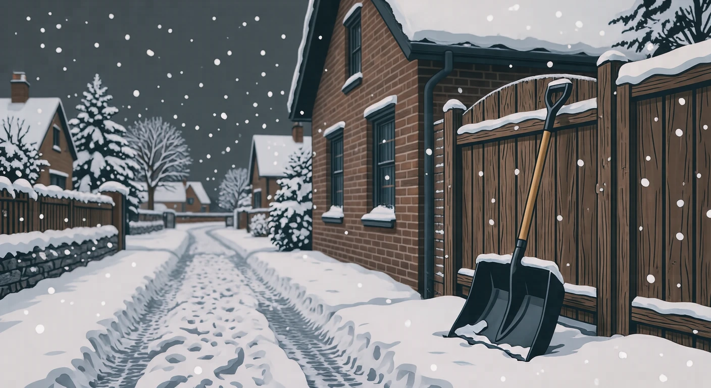 雪の積もった家の門に立てかけたスコップのイラスト(グラフィックポスター)