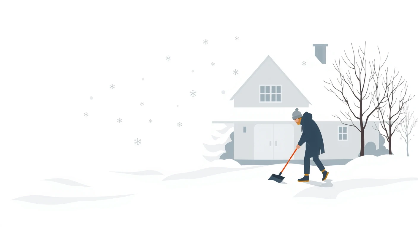 雪かきをする人と雪に覆われた家のフラットイラスト
