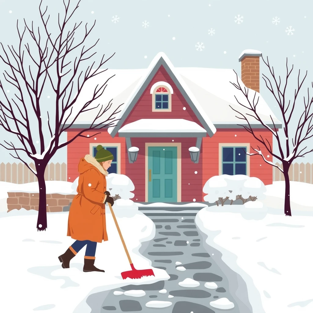 雪かきをする人と雪に覆われた家のフラットイラスト
