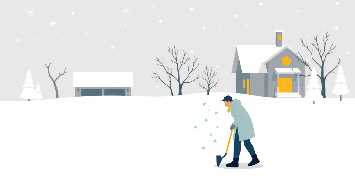 雪かきをする人と雪に覆われた家のポスター風イラスト