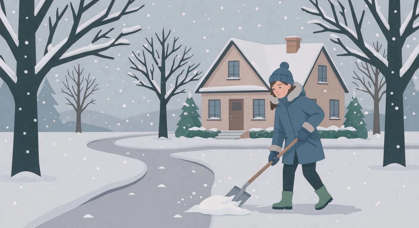 雪かきをする人と雪に覆われた家のイラスト(フラットイラスト)