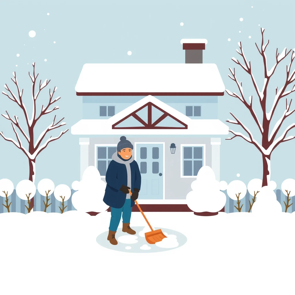 雪かきをする人と雪に覆われた家のフラットイラスト