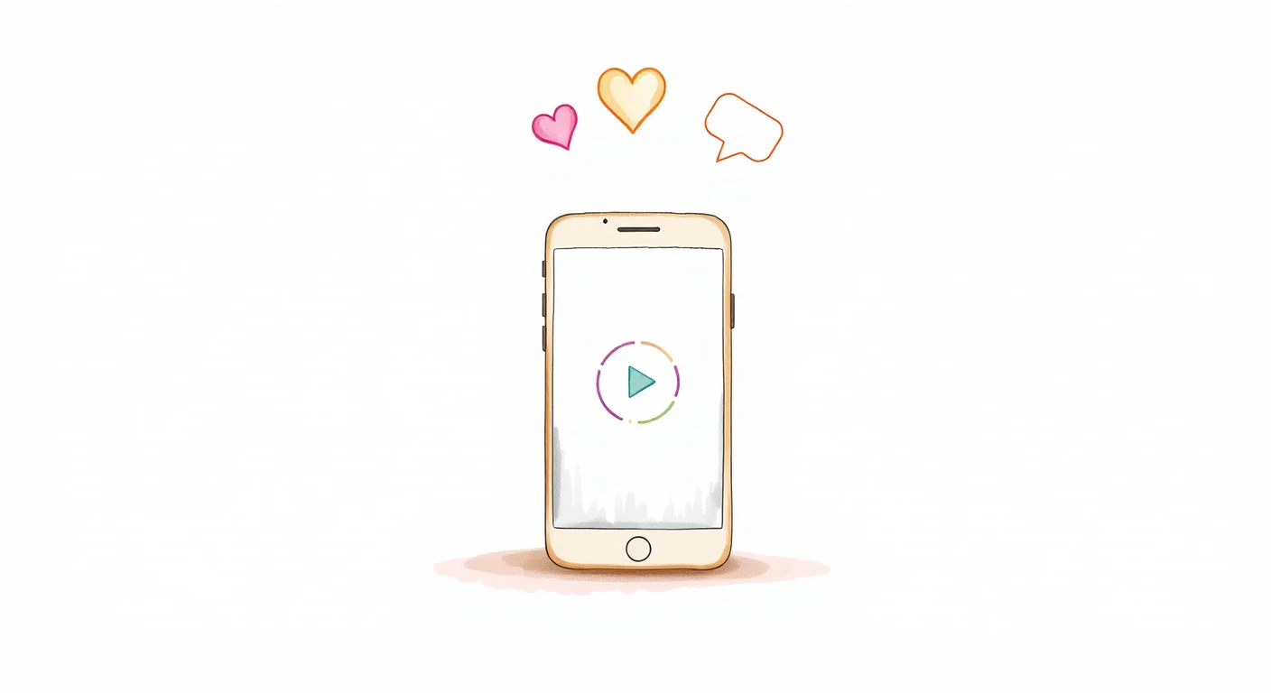 スマートフォンの再生ボタンといいねアイコンの水彩イラスト