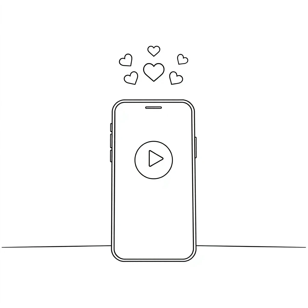 スマートフォンの再生ボタンといいねアイコンのシンプルな線画イラスト