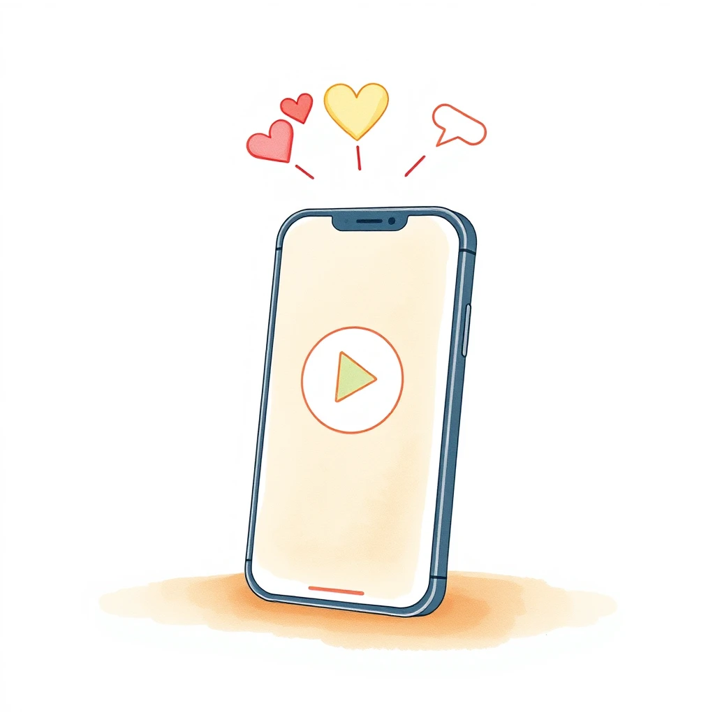 スマートフォンの再生ボタンといいねアイコンの水彩イラスト