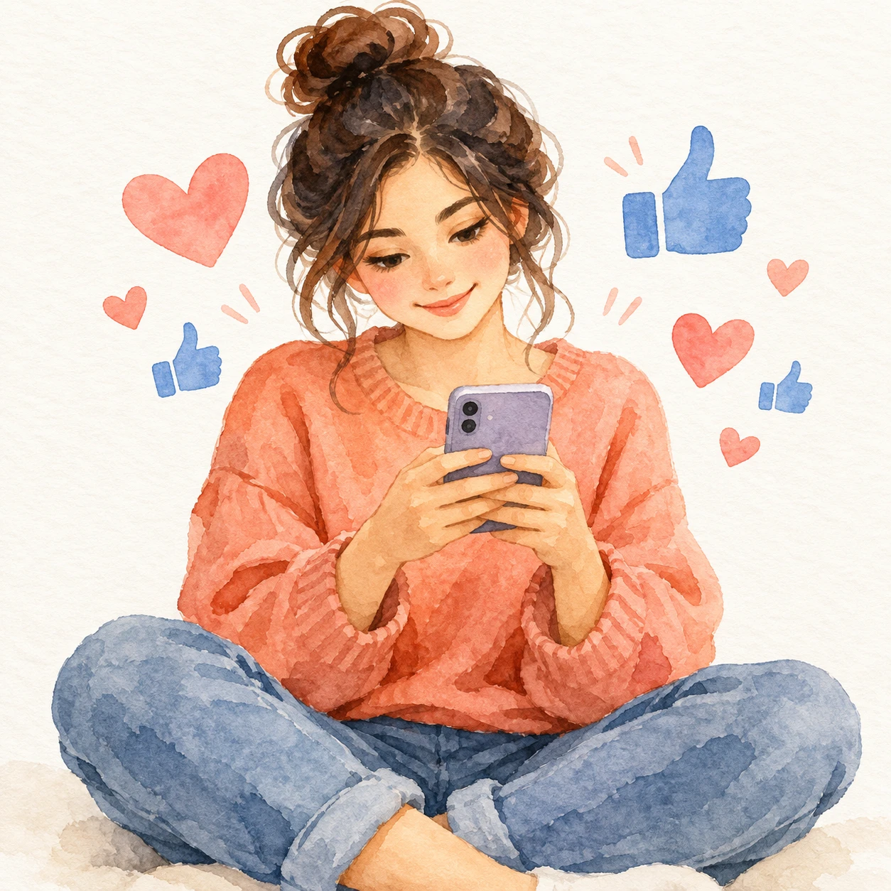 Illustration of social media engagement with likes (watercolor)