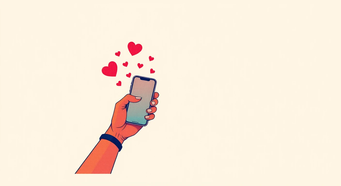 SNSのいいねとスマートフォンのレトロ印刷風イラスト