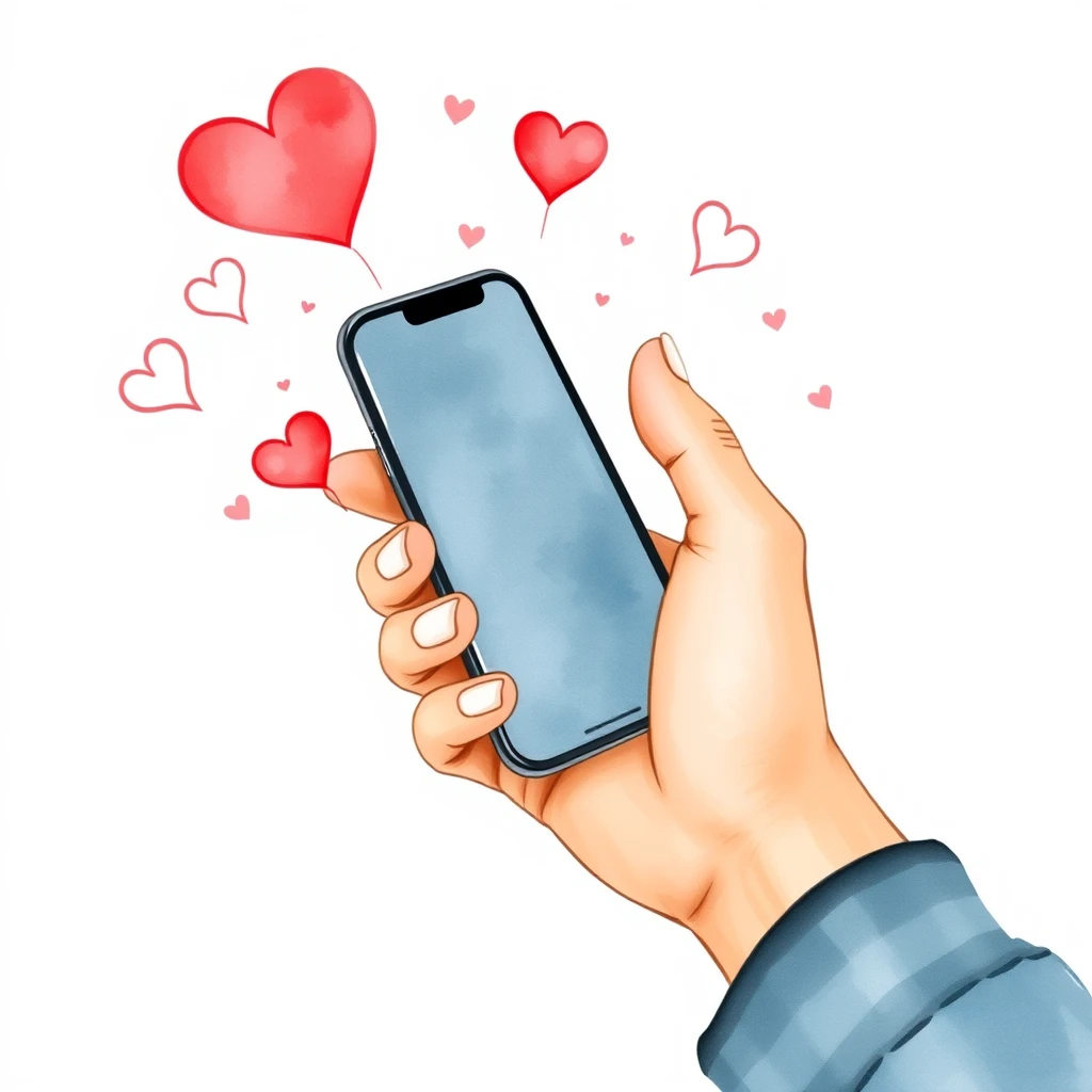 SNSのいいねとスマートフォンの水彩イラスト