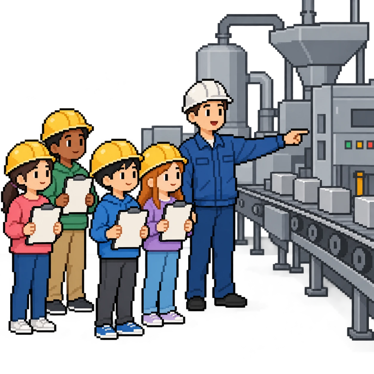 社会科見学で工場を見学する生徒たちのイラスト（ドット絵）