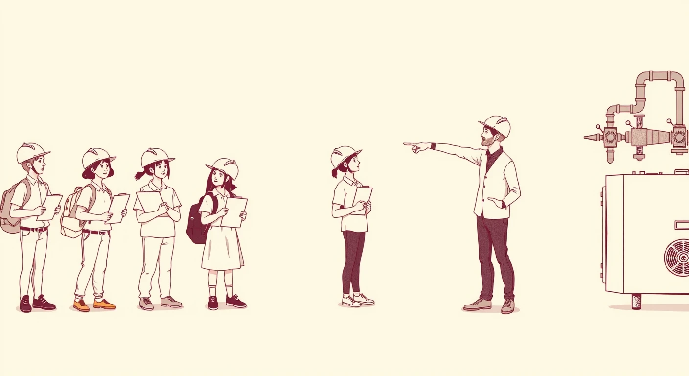 社会科見学で工場を見学する生徒たちのイラスト