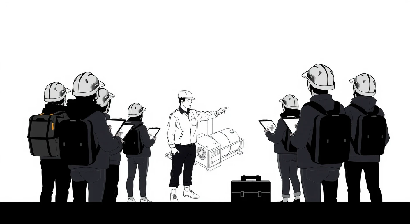 社会科見学で工場を見学する生徒たちのイラスト