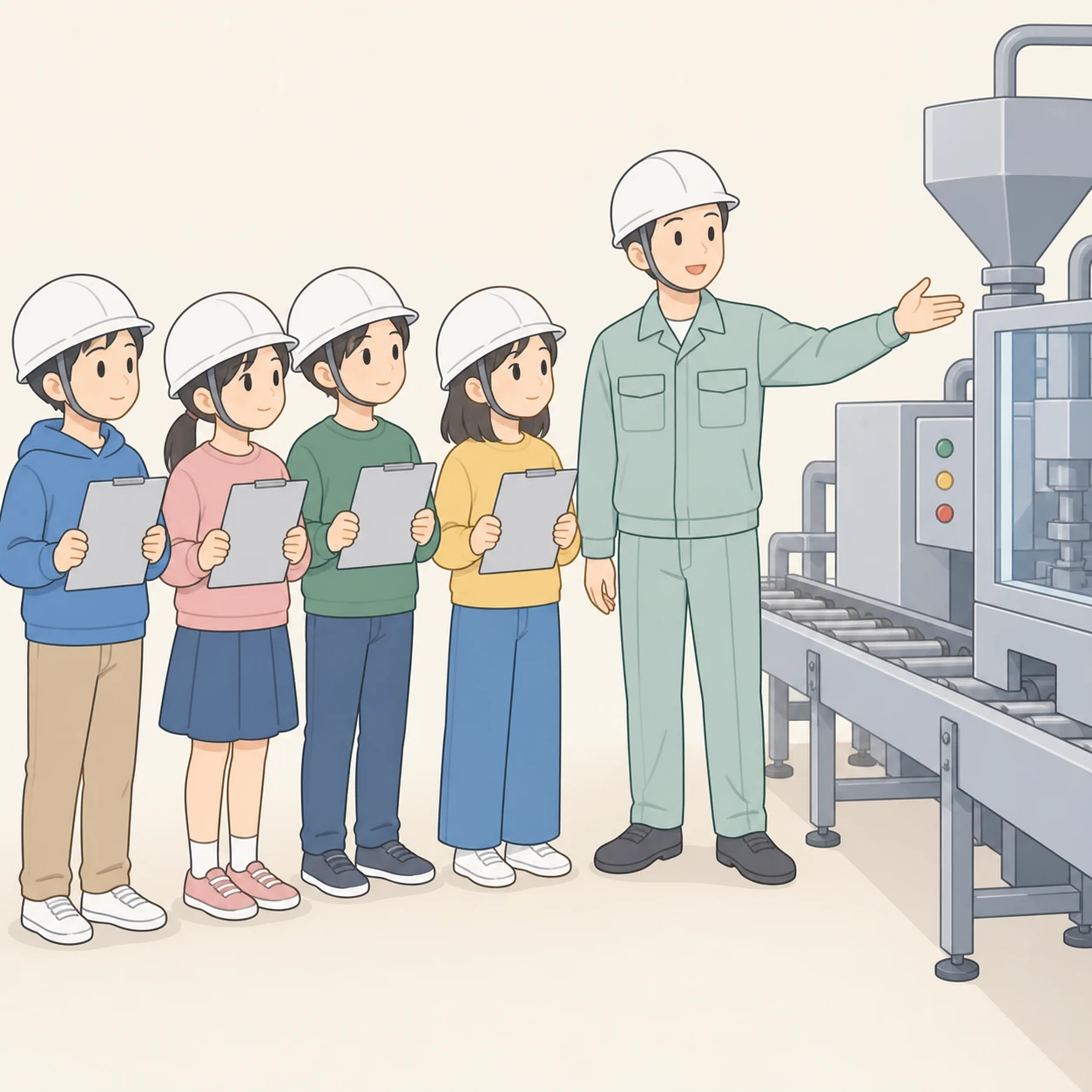 社会科見学で工場を見学する生徒たちのイラスト（ソフトパステル）