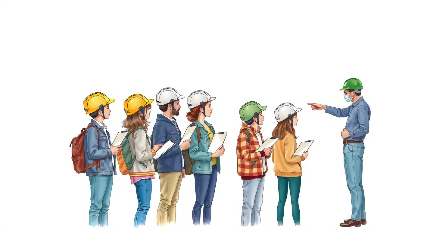 社会科見学で工場を見学する生徒たちのイラスト