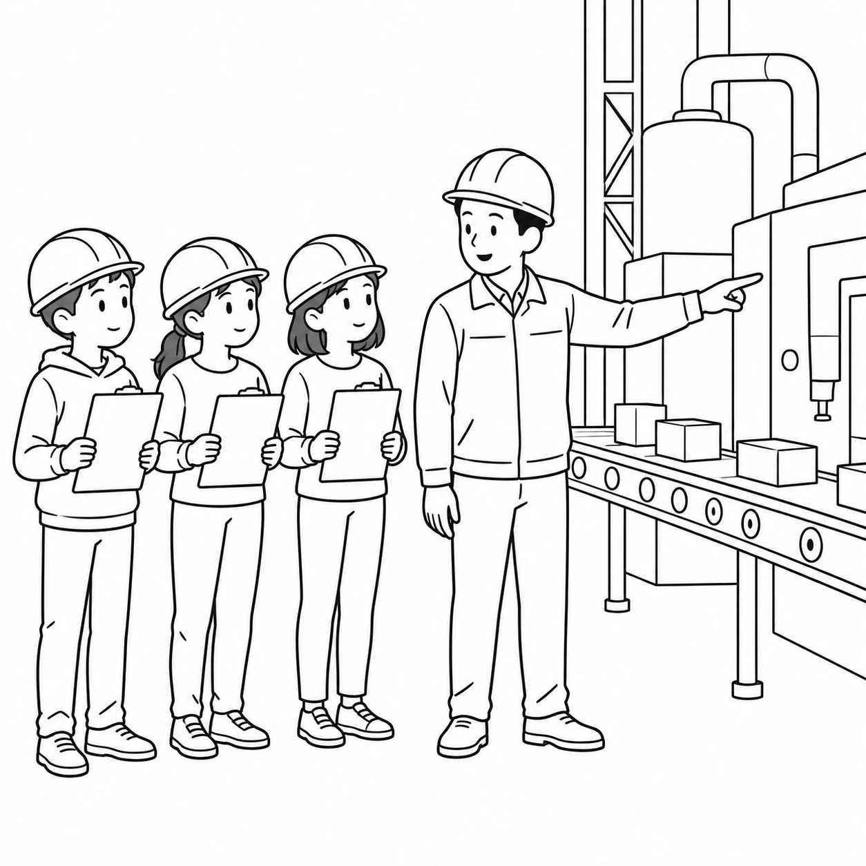 社会科見学で工場を見学する生徒たちのイラスト（シンプル線画）