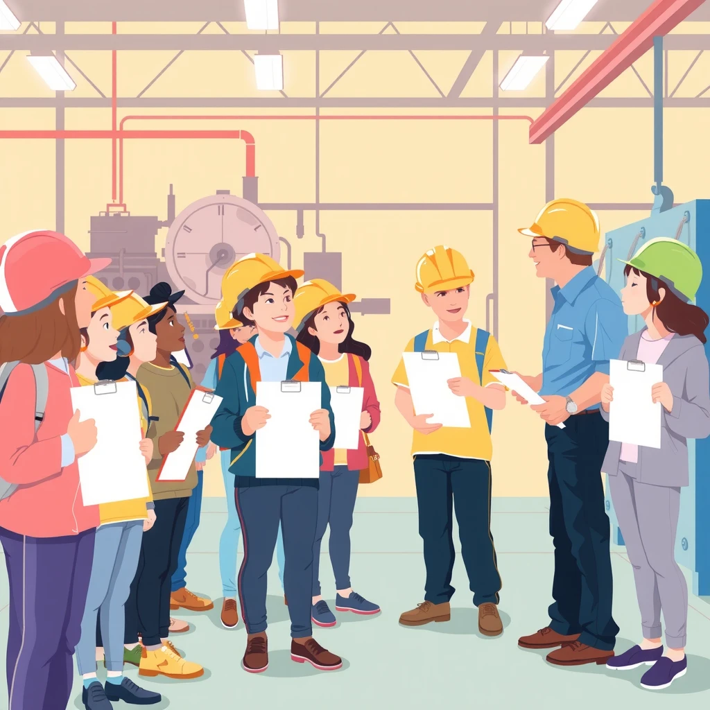 社会科見学で工場を見学する生徒たちのイラスト