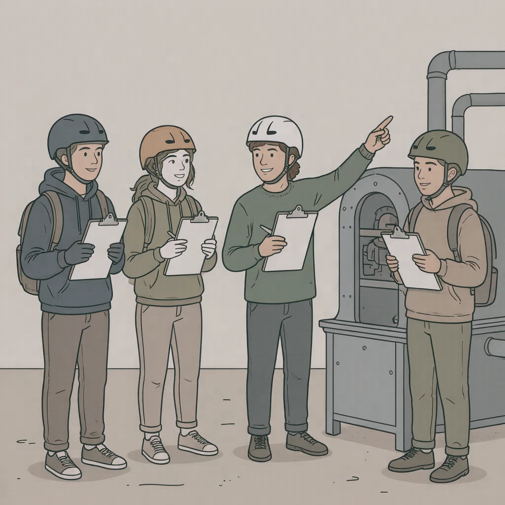 사회과 견학으로 공장을 견학하는 학생들 일러스트 (심플 라인아트)