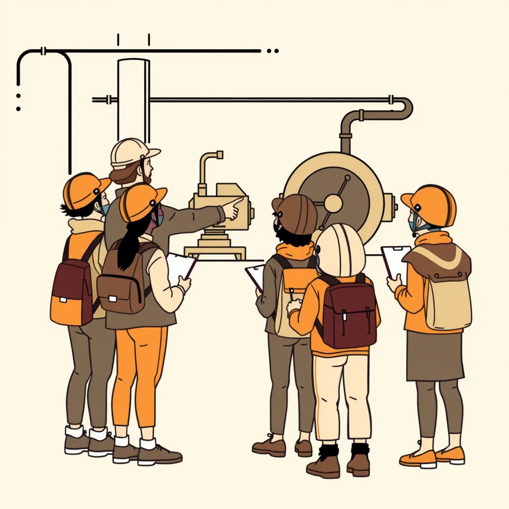 社会科見学で工場を見学する生徒たちのイラスト