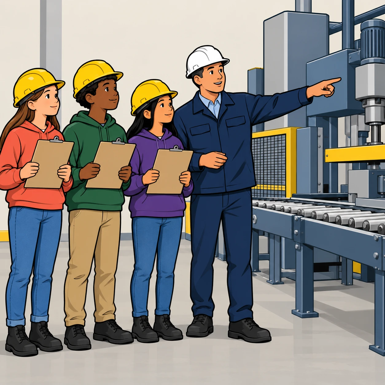 社会科見学で工場を見学する生徒たちのイラスト（グラフィックポスター）