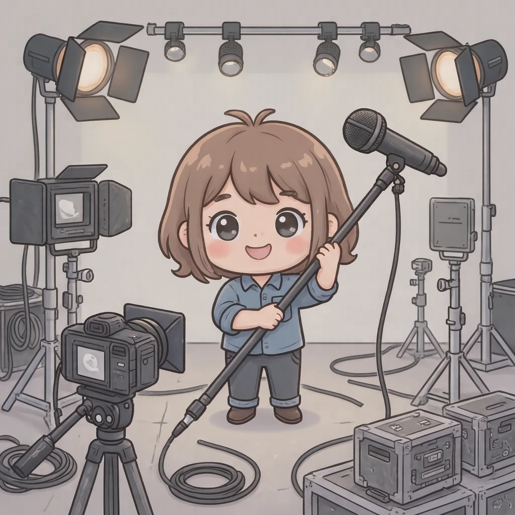 収録の撮影現場でガンマイクを構える音声スタッフのイラスト（デフォルメ）