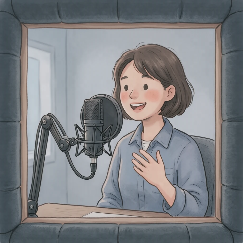 収録のラジオブースでスタジオのマイクで話す音声スタッフのイラスト（ソフトパステル）