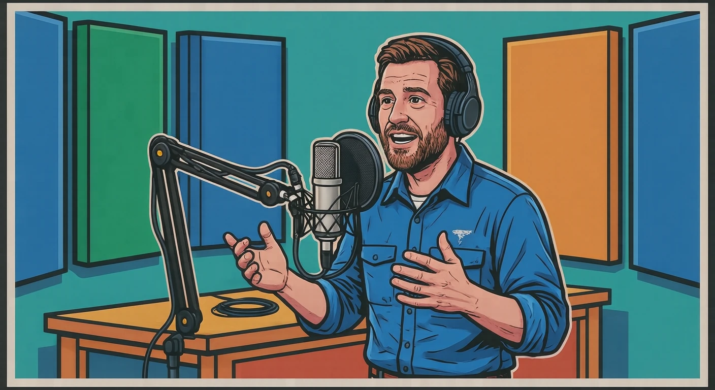 収録のラジオブースでスタジオのマイクで話す音声スタッフのイラスト（グラフィックポスター）