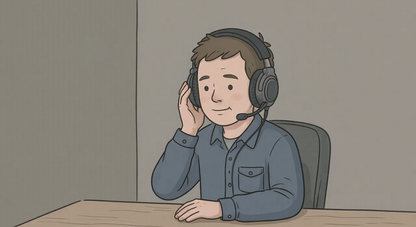 収録中のラジオブースでヘッドホンをあてて音を確かめる音声スタッフのイラスト（ゆるいイラスト）