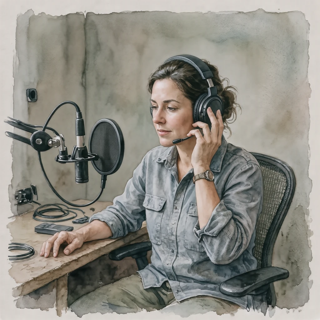 収録のラジオブースでヘッドホンで音を確かめる音声スタッフのイラスト（水彩）