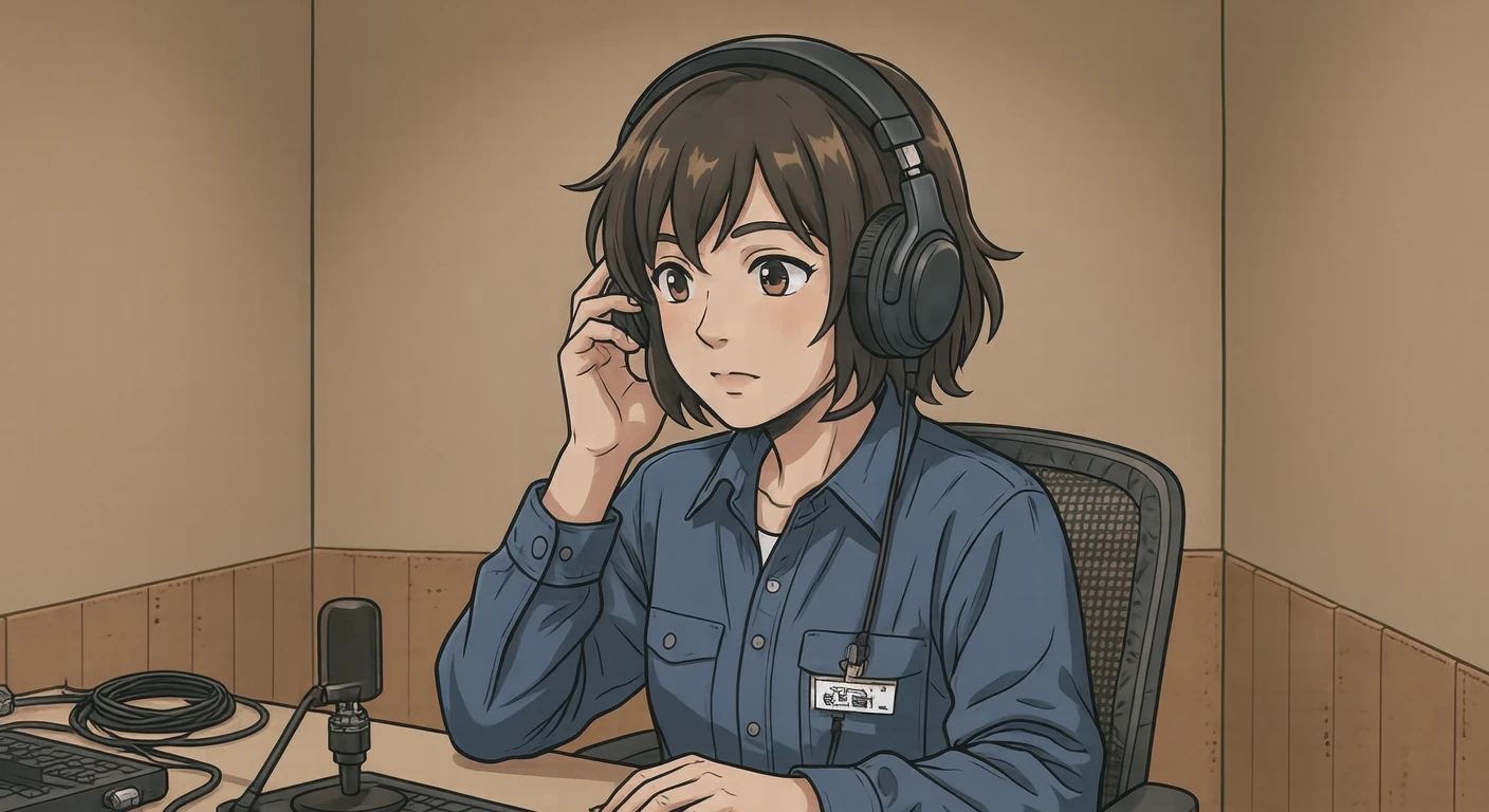 収録のラジオブースでヘッドホンで音を確かめる音声スタッフのイラスト（アニメ塗り）