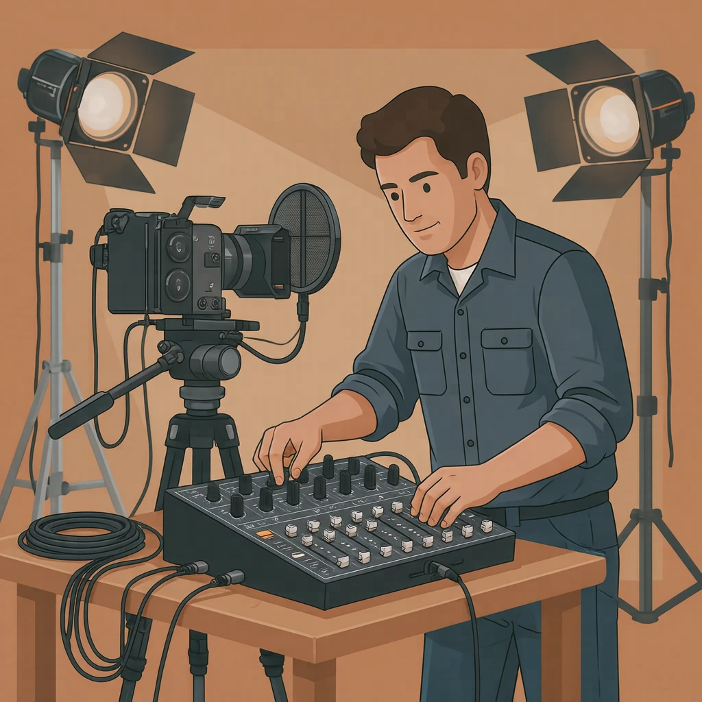収録の撮影現場でミキサーを操作する音声スタッフのイラスト（フラットイラスト）