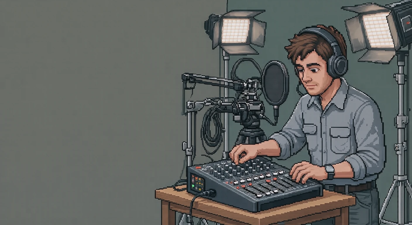収録の撮影現場でミキサーを操作する音声スタッフのイラスト（ドット絵）