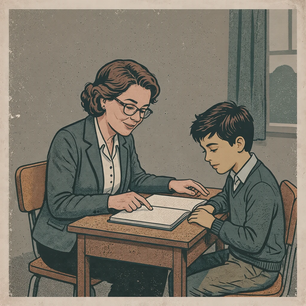 先生が生徒に個別に教える様子のイラスト(レトロ印刷)