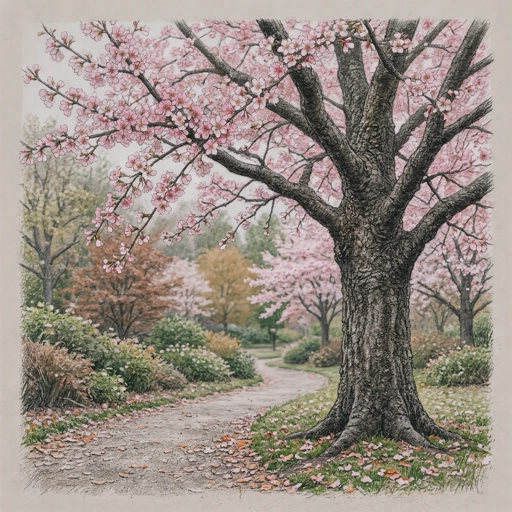 花を咲かせた桜の木のイラスト（色鉛筆）