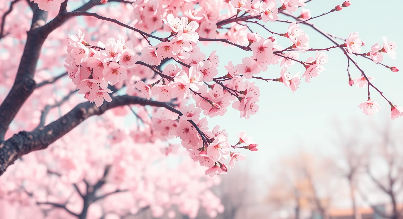 Illustration of spring, seasonal, cherry blossom, tree, in an outdoors, in a park