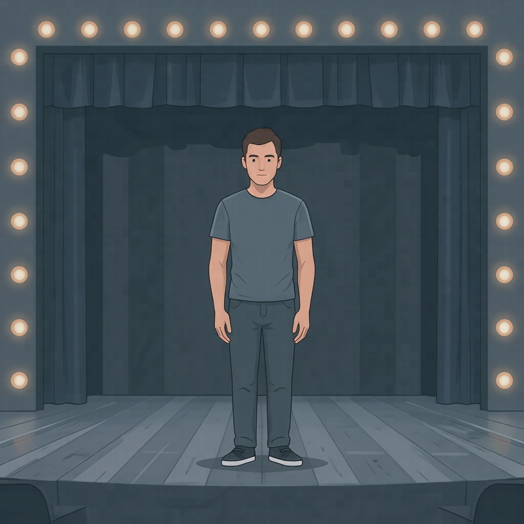 リハーサルの舞台で舞台で礼をする俳優のイラスト（フラットイラスト）