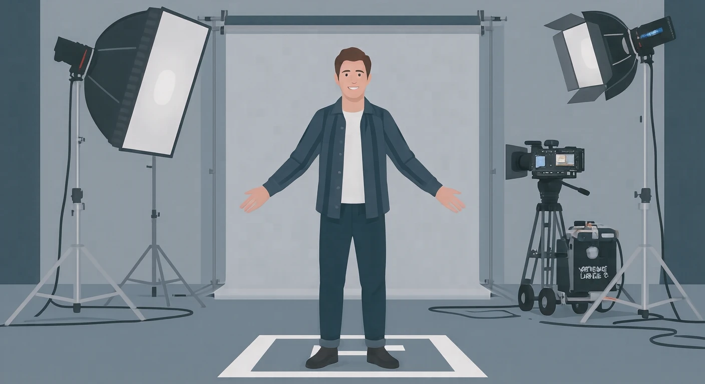 撮影の撮影現場で立ち位置に着く俳優のイラスト（フラットイラスト）