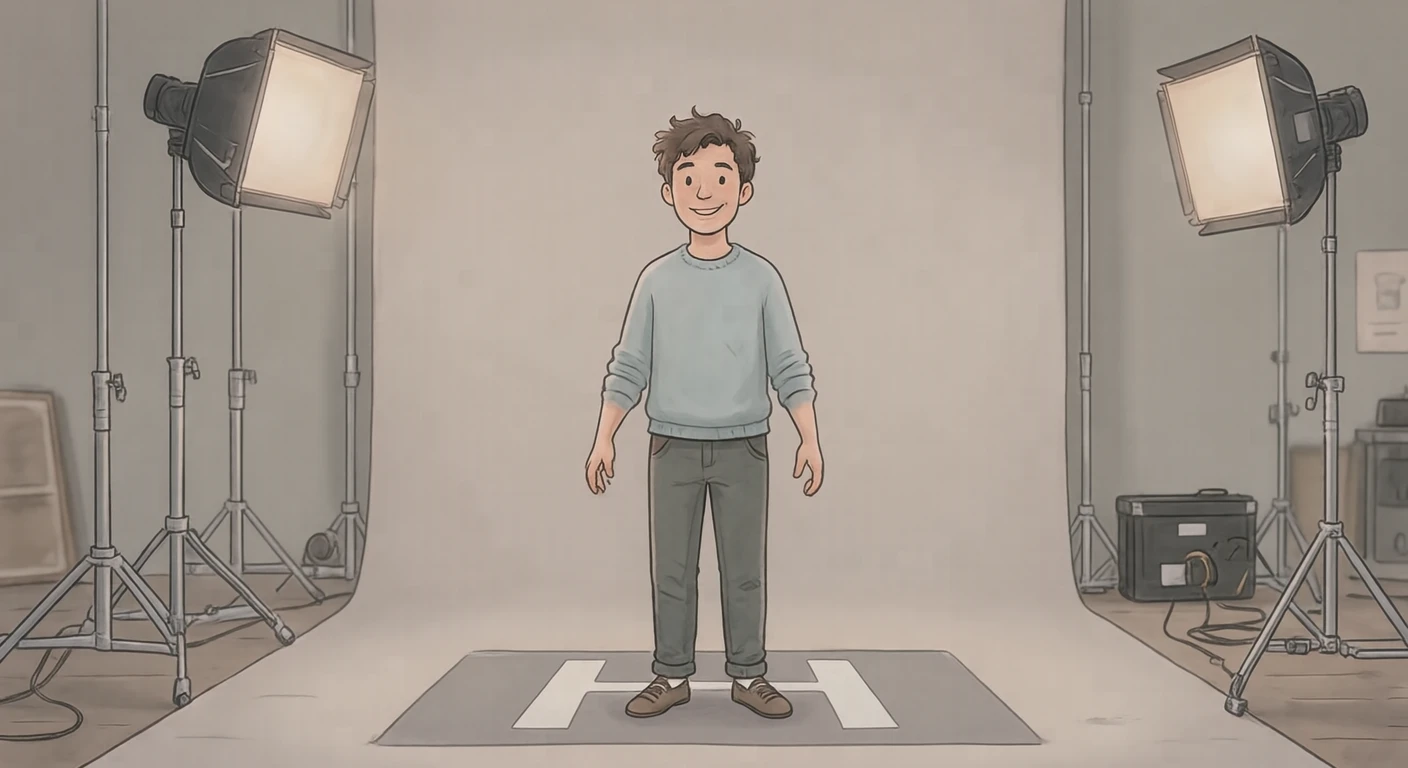 撮影現場で立ち位置に着く俳優のイラスト（ソフトパステル）