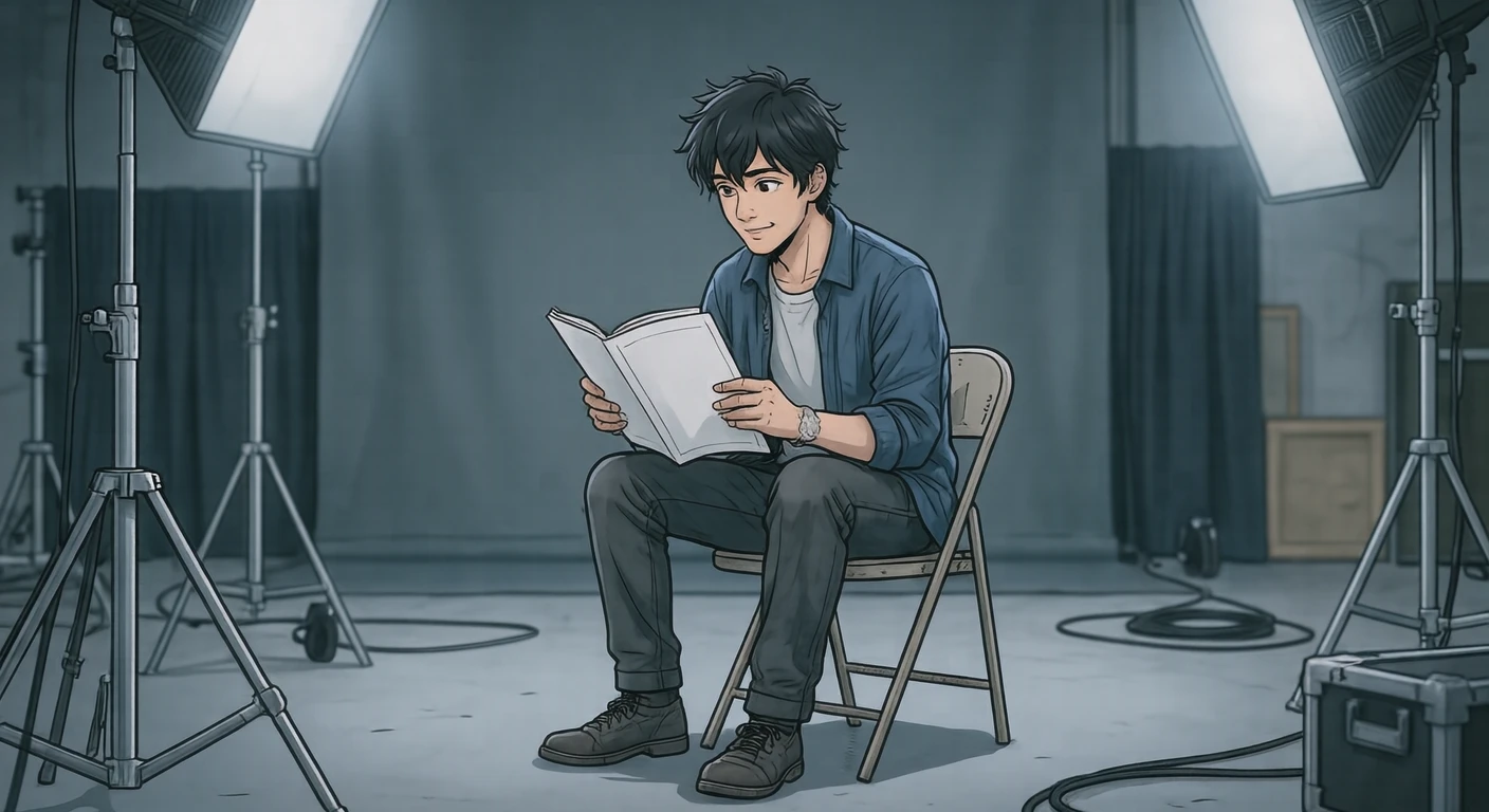 撮影の撮影現場で台本を読む俳優のイラスト（アニメ塗り）