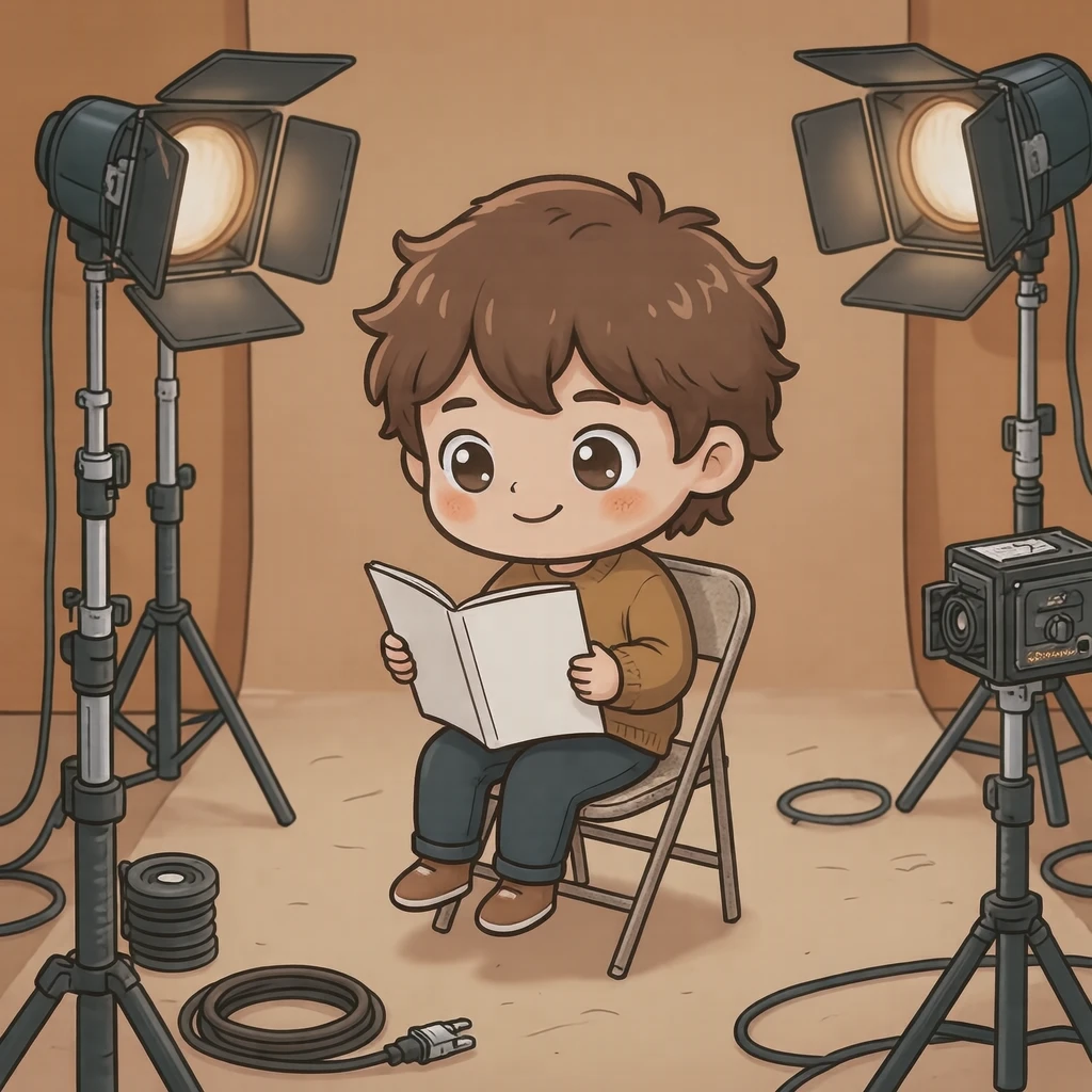 撮影の撮影現場で台本を読む俳優のイラスト（デフォルメ）