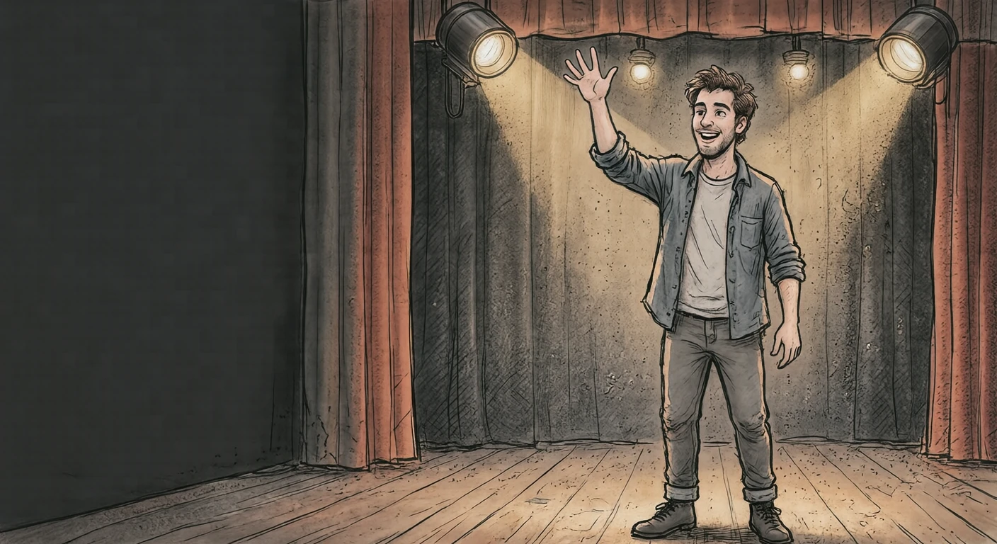 リハーサルの舞台で舞台で演じる俳優のイラスト（手描き風）
