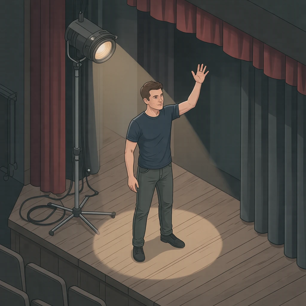 リハーサル中の舞台で照明を浴びて演じる俳優のイラスト（アイソメトリック）