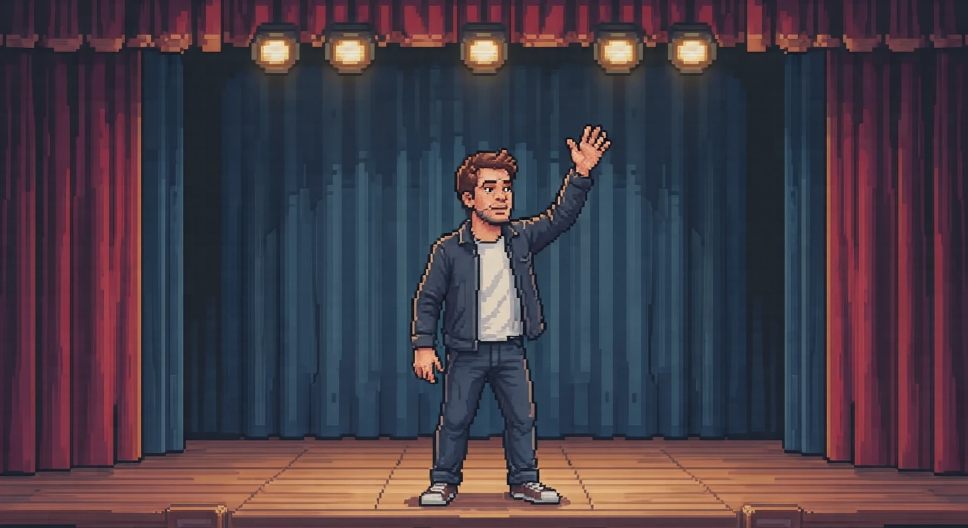 リハーサルの舞台で舞台で演じる俳優のイラスト（ドット絵）