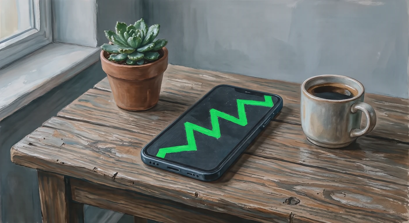 株価チャートを表示したスマートフォンのイラスト(グアッシュ)