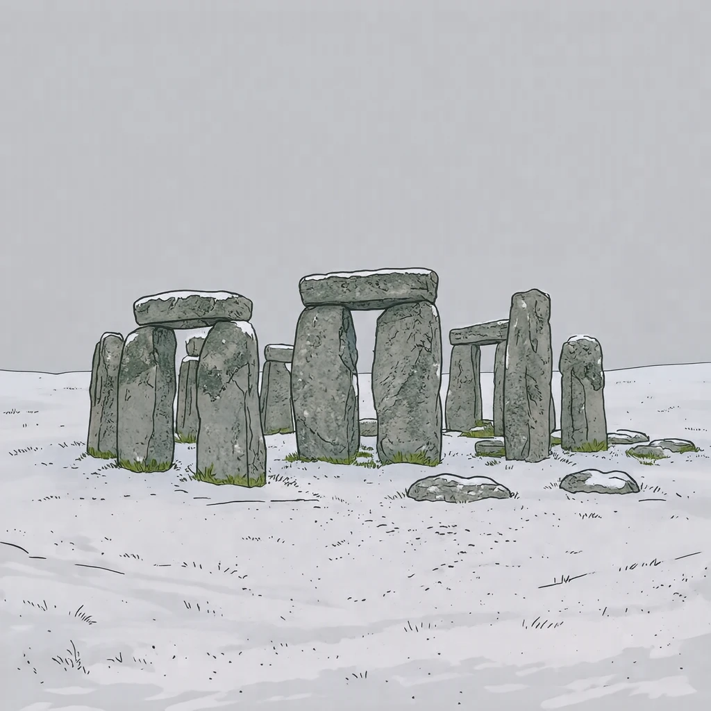 Illustration of Stonehenge, a World Heritage Site, in snow (simple line art)