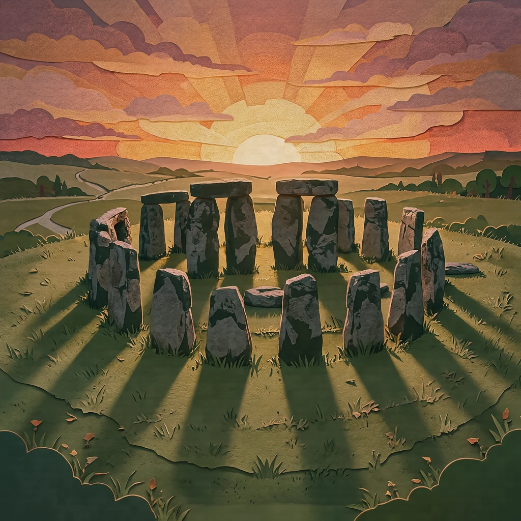 Illustration of Stonehenge, a World Heritage Site, at sunset (paper cut-out)