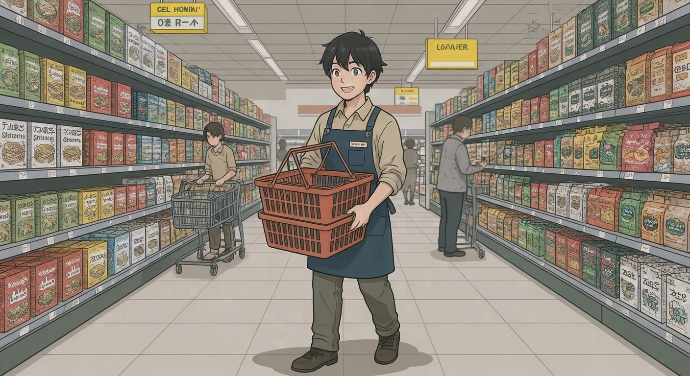 接客のスーパーで買い物かごを重ねて運ぶ店員のイラスト（アニメ塗り）